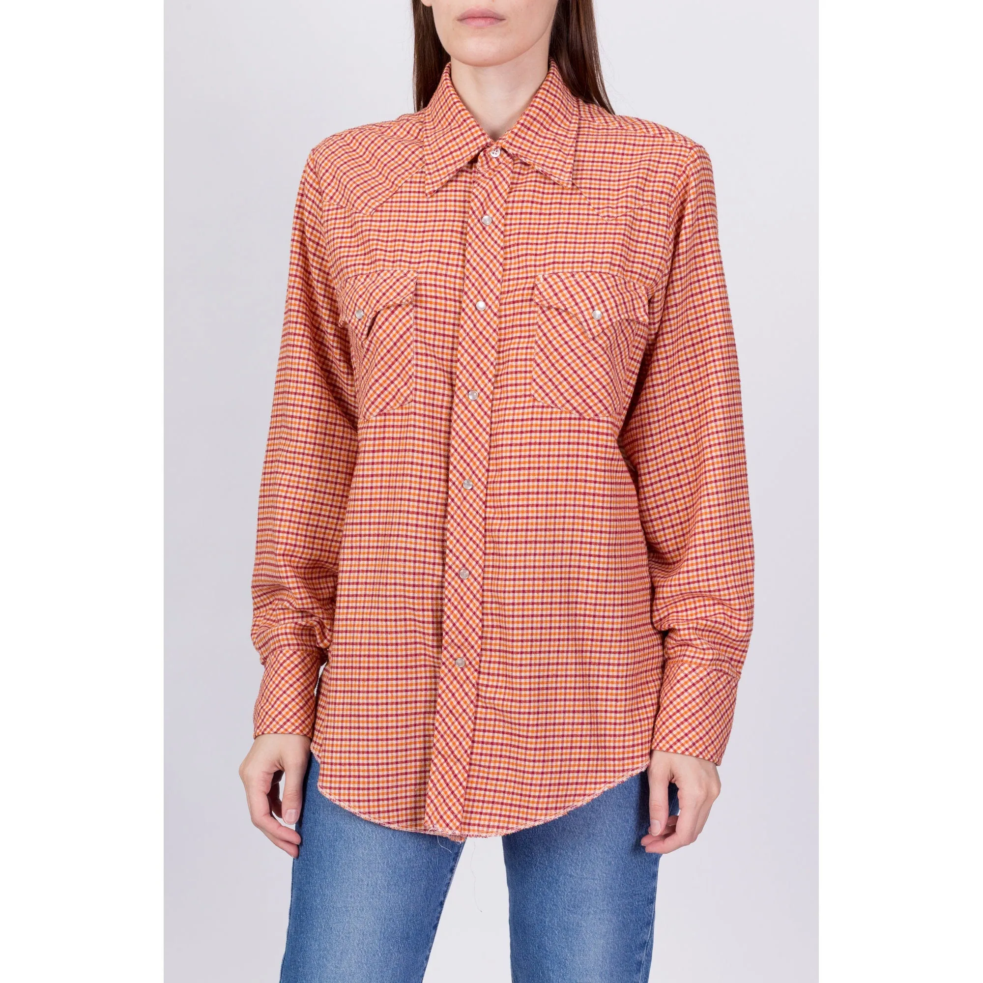 70s Plaid Flannel Western Pearl Snap Shirt - Men's Medium, Women's Large