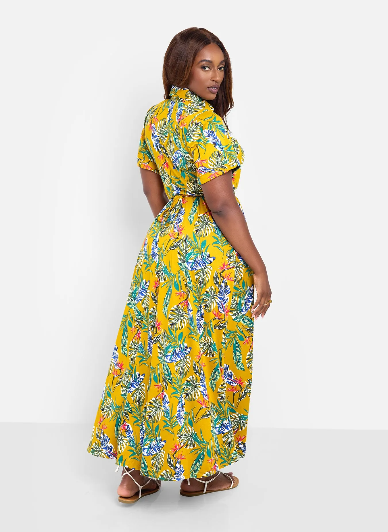 Allow Me Floral Print Button Top Skater Maxi Dress - Mustard