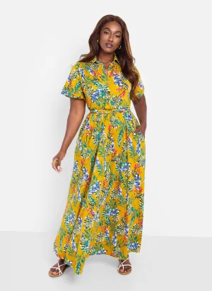 Allow Me Floral Print Button Top Skater Maxi Dress - Mustard