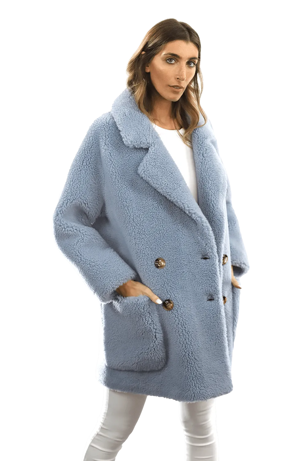 Faux Fur Teddy Coat with Pockets - Blue