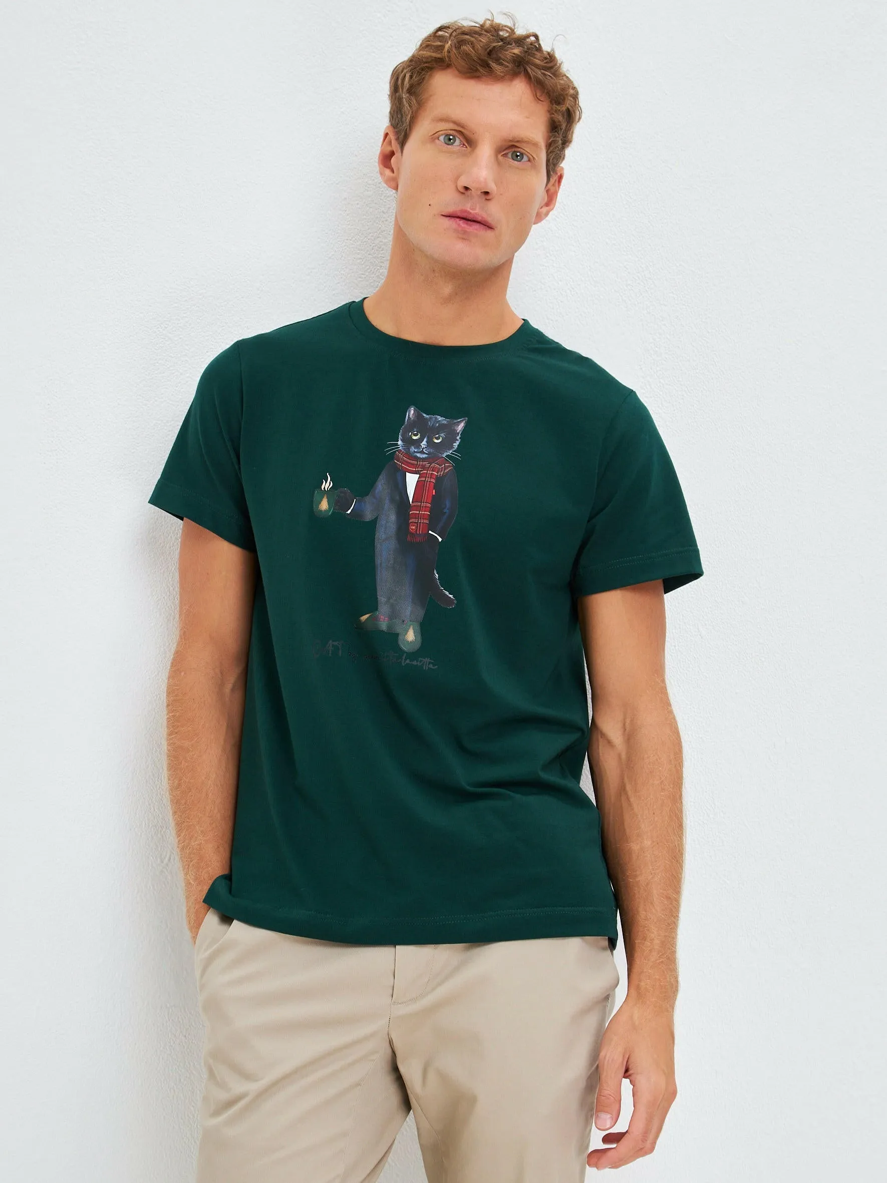 Green Printed T-shirt NEW YEAR CAT