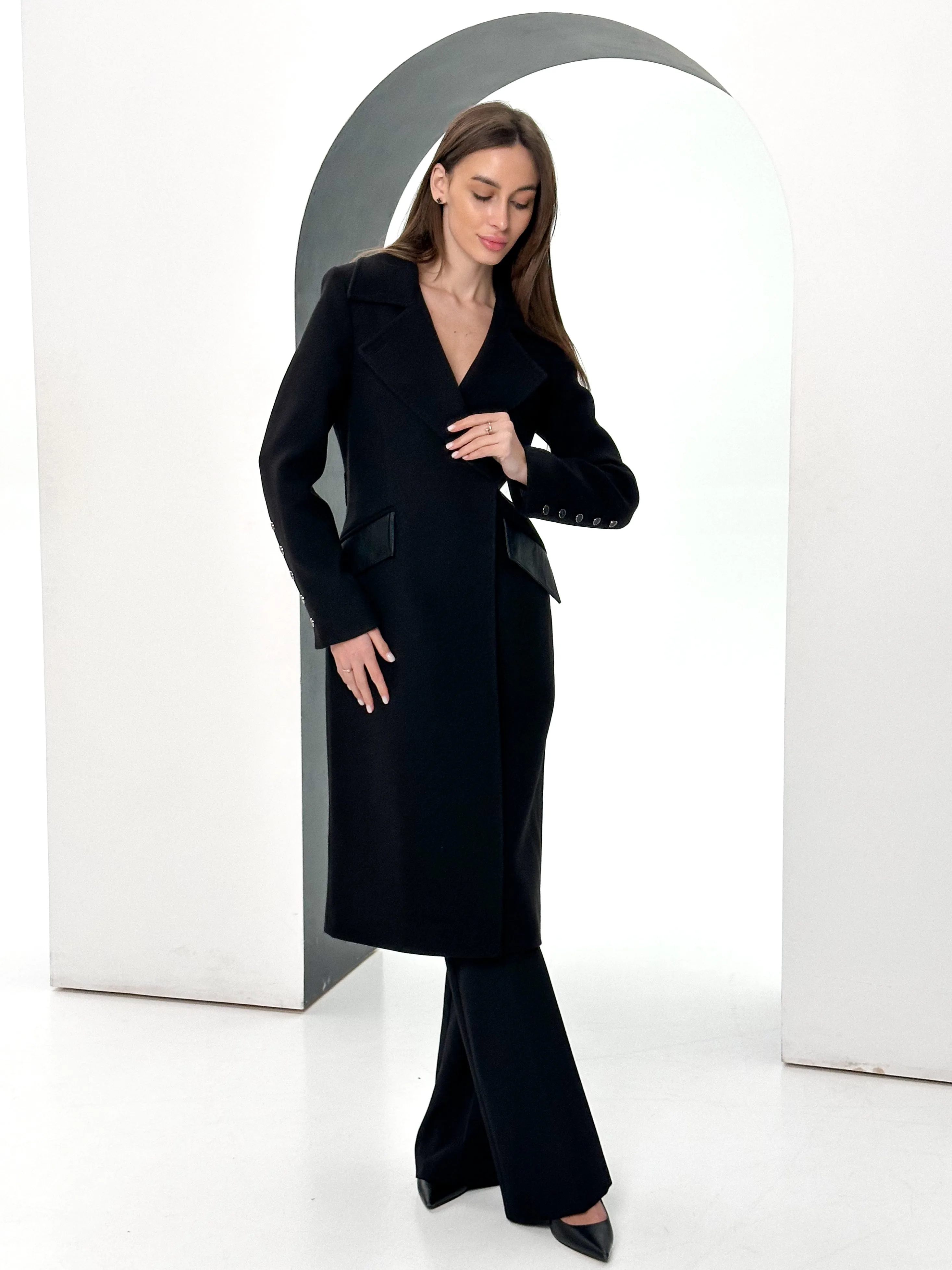 Kendra Cashmere Wool Leather Trim Overcoat