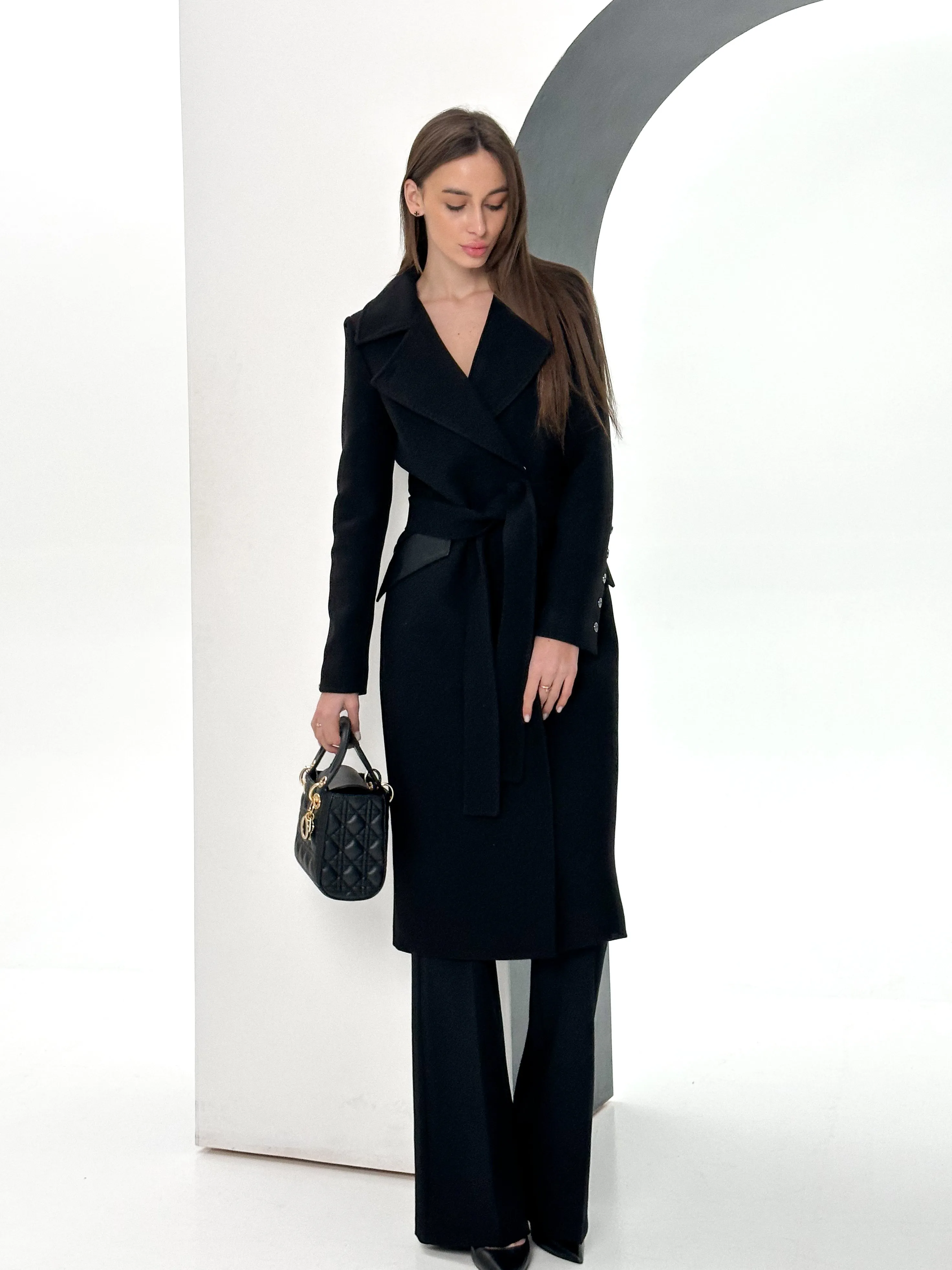 Kendra Cashmere Wool Leather Trim Overcoat