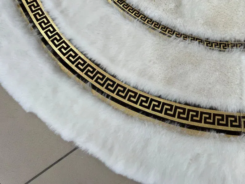 Luxury Gold White Faux Fur Round Rug, Handmade Plush Round Rug for Living Room