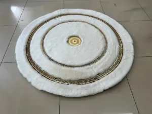 Luxury Gold White Faux Fur Round Rug, Handmade Plush Round Rug for Living Room