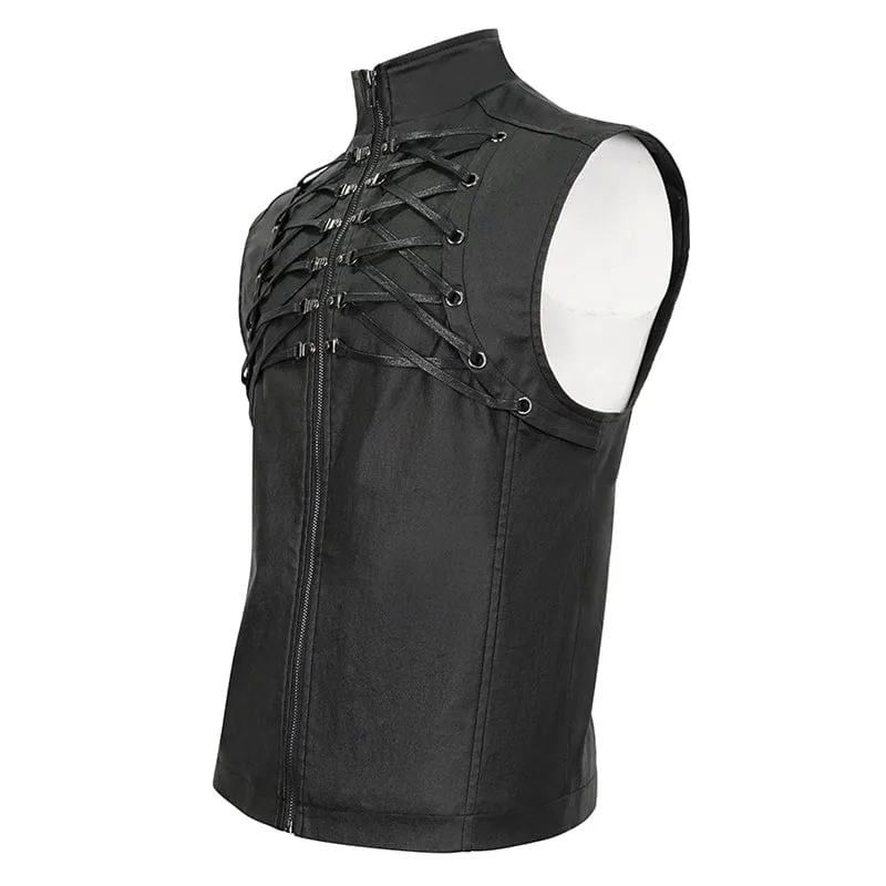 Men's Gothic Strappy Stand Collar Faux Leather Waistcoat