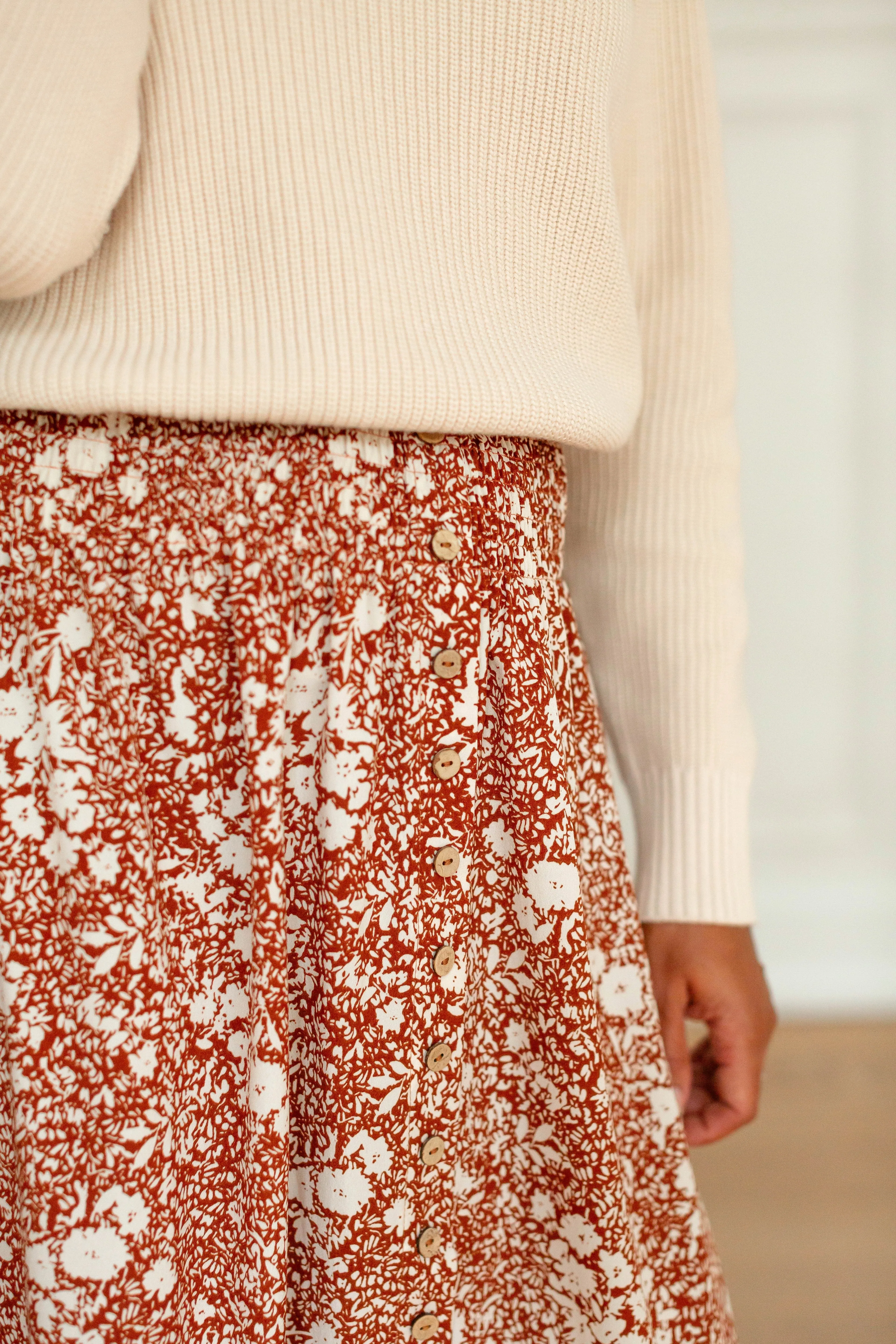 'Shauna' Smocked Waist Floral Maxi Skirt in Rust